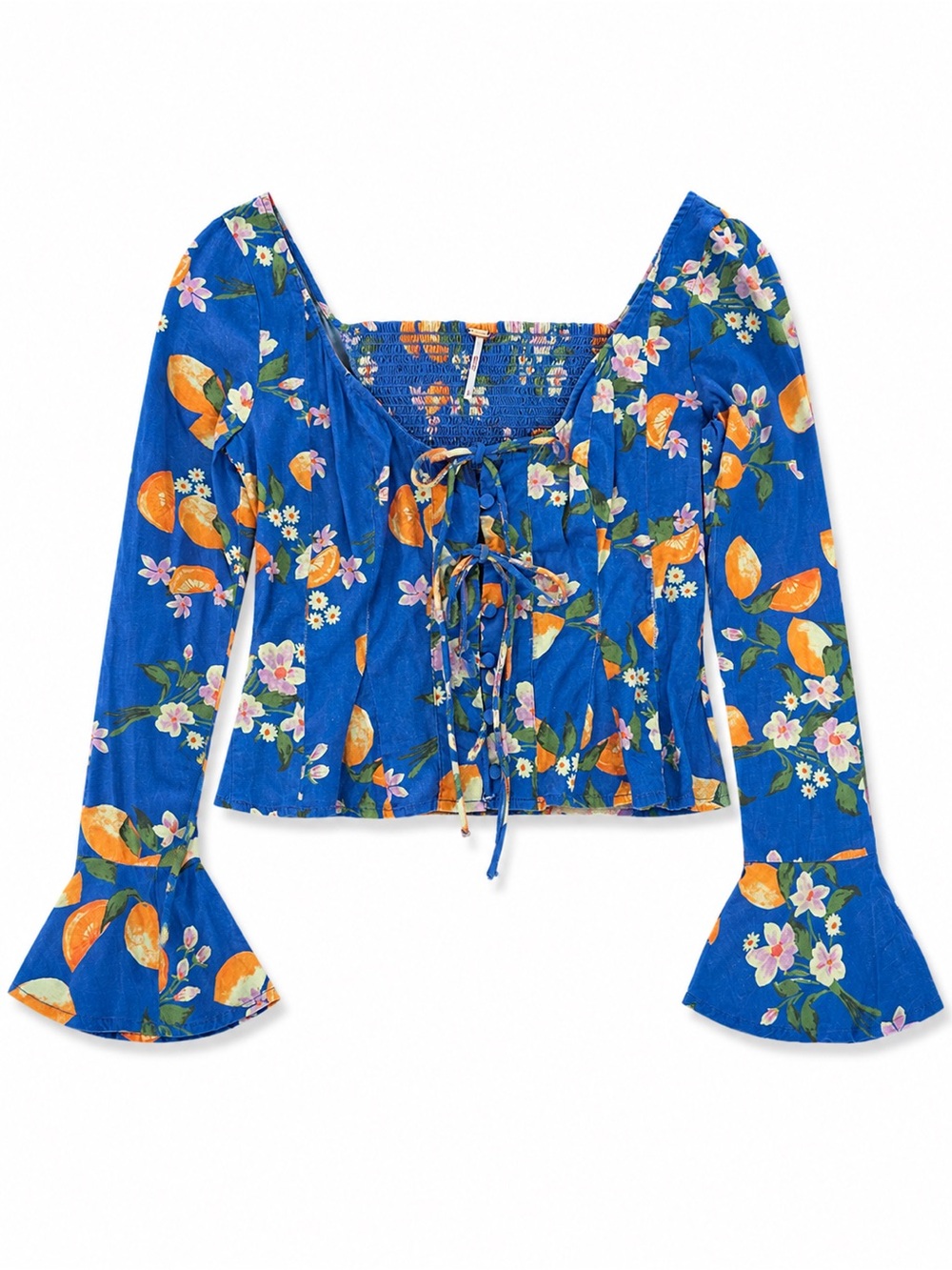Free People Blue Floral Citrus Tie Front Bell Sleeve Top Size S